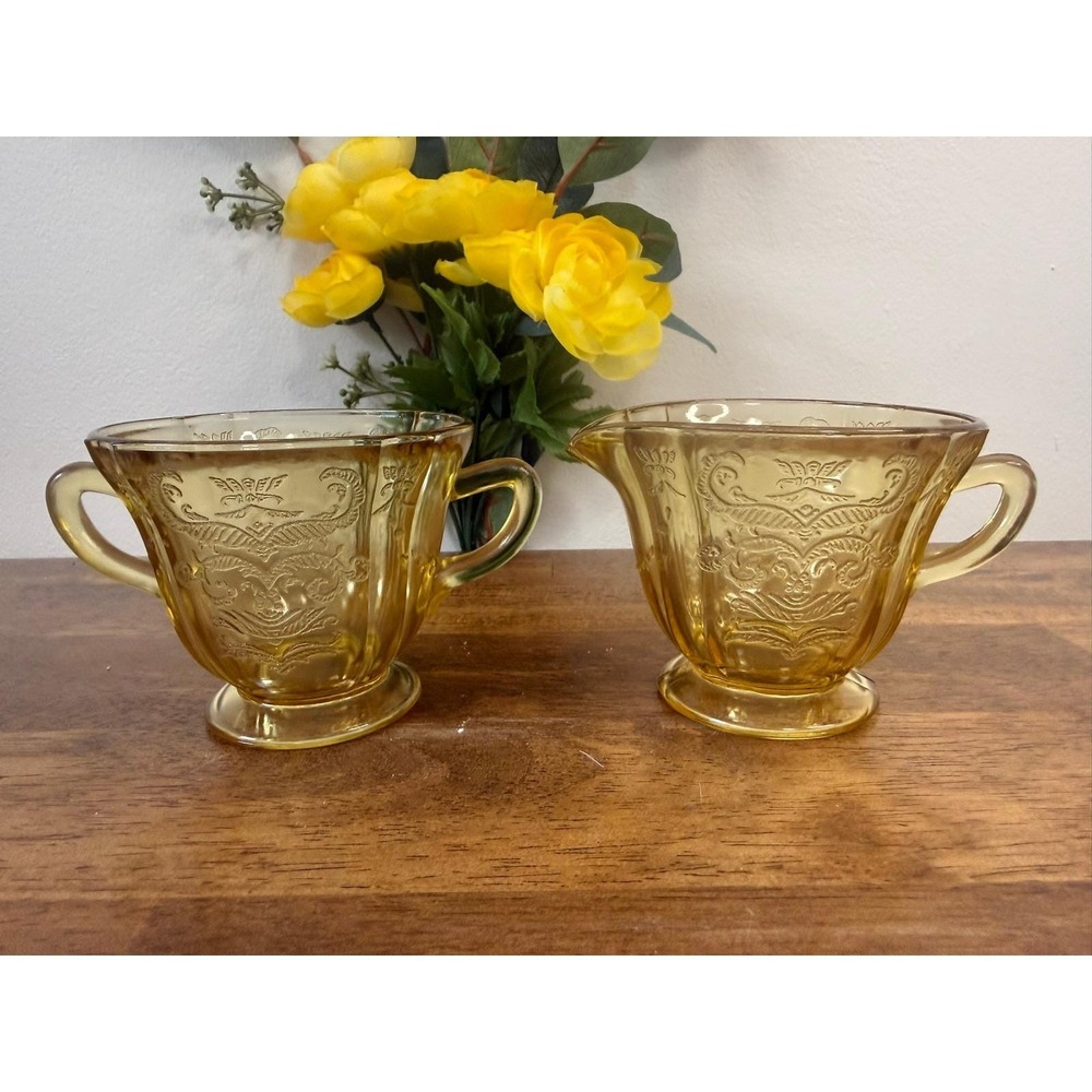 Vintage Federal Glass Madrid Amber Creamer Sugar Set‎ Depression Glass Retro
